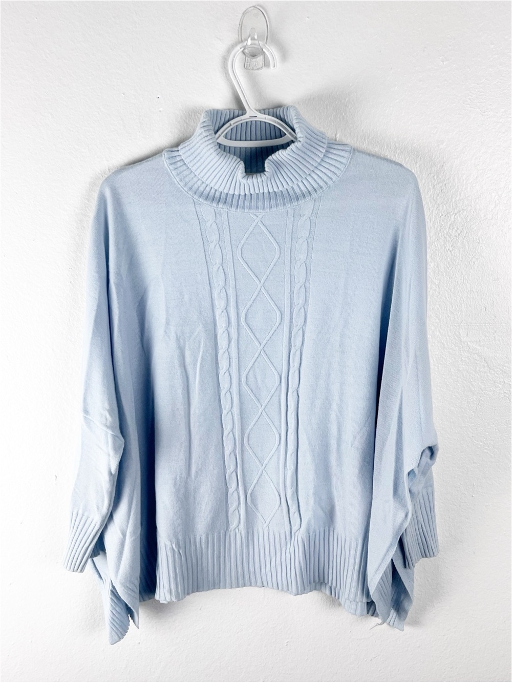 MERSEA Aberdeen Light Blue Cable Knit High Side Slits Poncho Sweater One Size